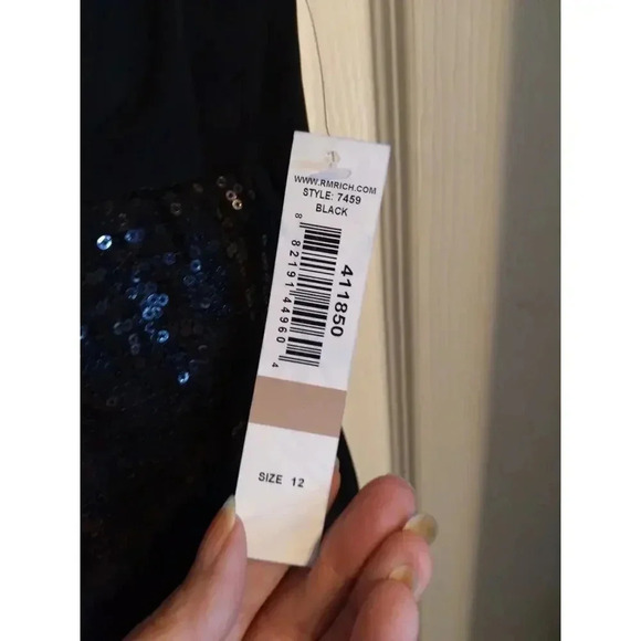 R & M Richards Formal Dress Black Sequined Waist Sleeveless Peephole Slit Sz 12 - Picture 6 of 11